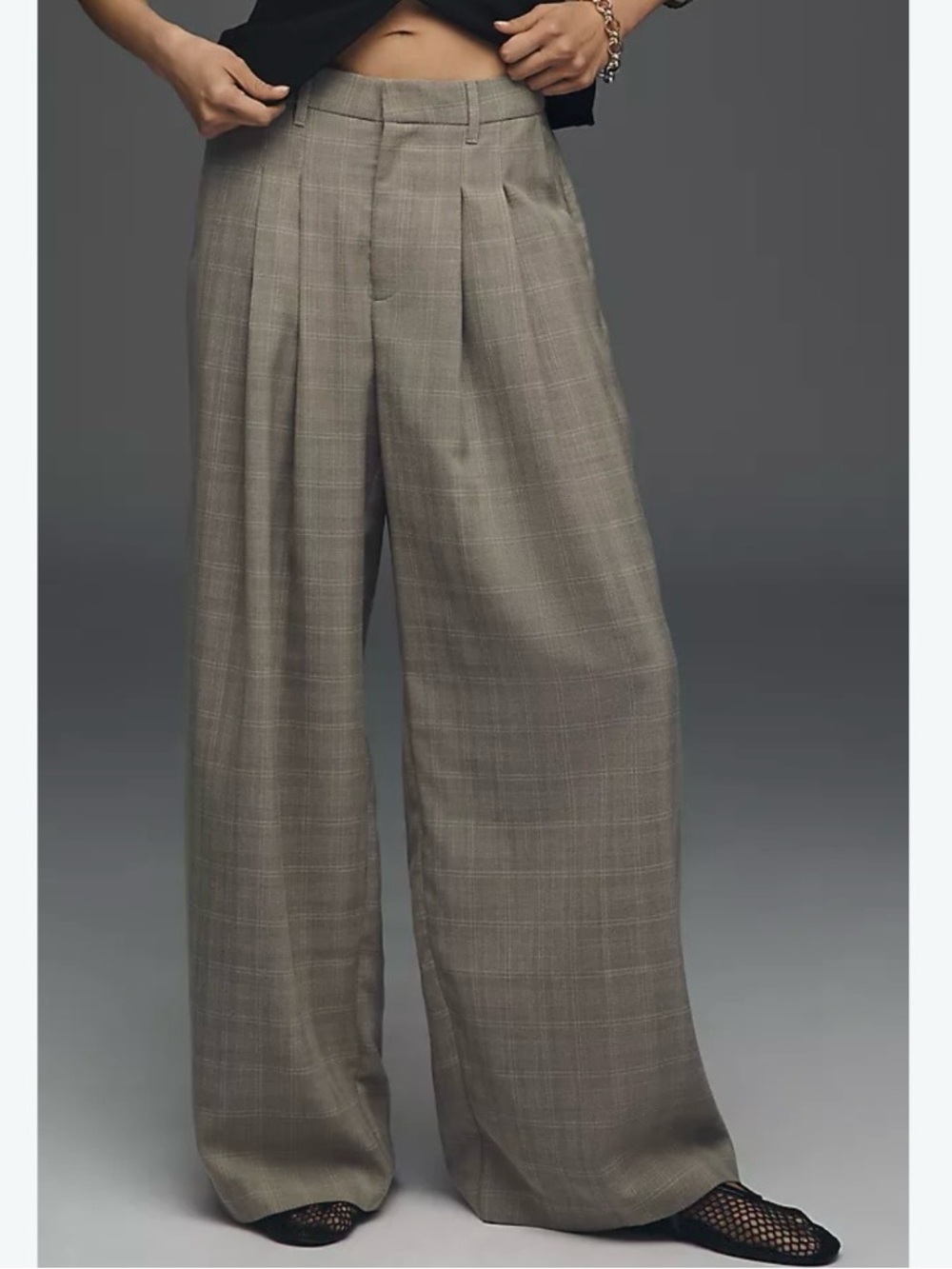 Maeve Avery Menswear Wide-Leg Pleated Plaid Trousers Size Medium Petite